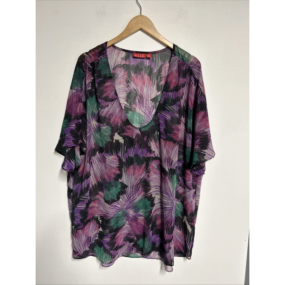 Elle Women's XL Sheer Blouse Artsy Flutter Sleeve Feminine Colorful Deep V Neck‎